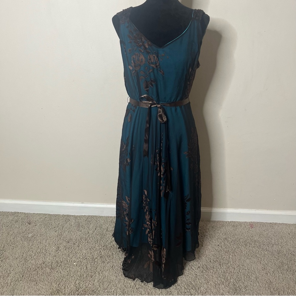 Jonathan Martin Women’s Aqua Brown Silk Chiffon Floral Overlay Midi Dress Sz 12